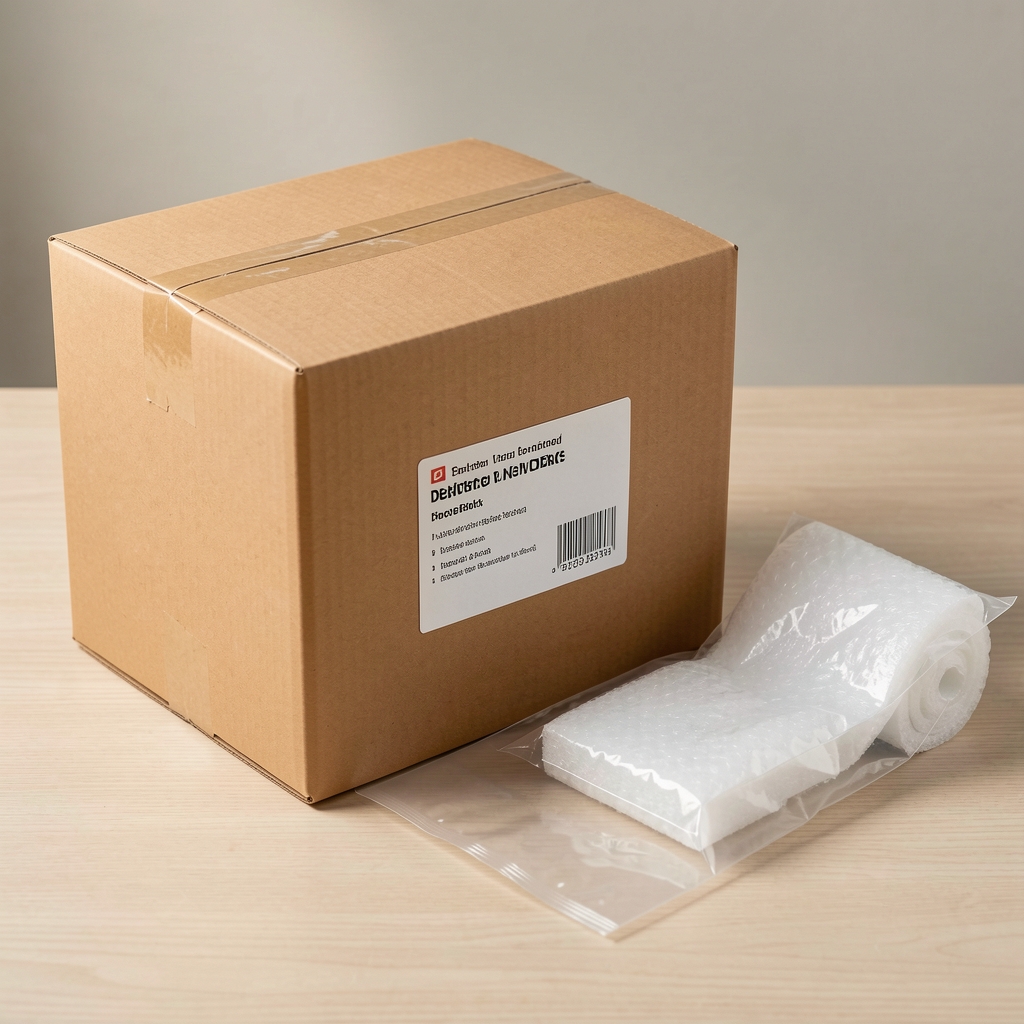 Discreet Torneva parcel prepared beside a delivery label and reusable packing materials