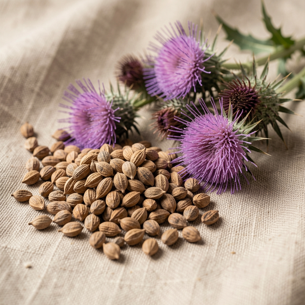 Dried milk thistle seeds and purple thistle flowers arranged on a linen cloth