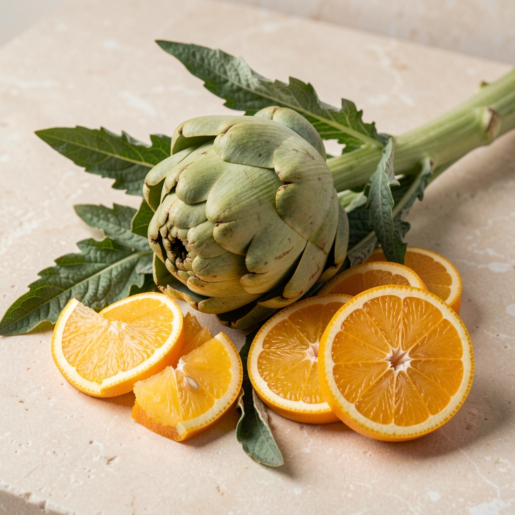 Fresh artichoke leaves and sliced citrus fruit on a pale stone surface