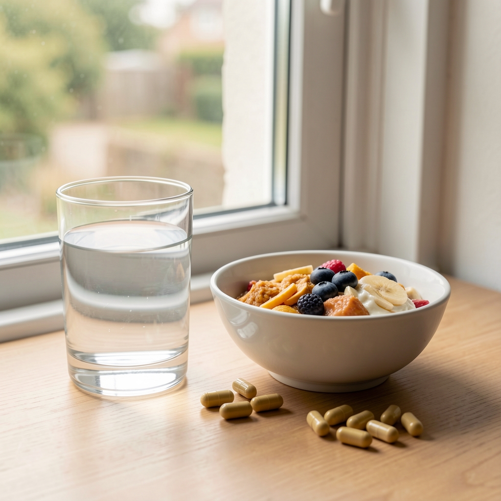 Sunlit kitchen table with a glass of water and a simple daily wellness arrangement